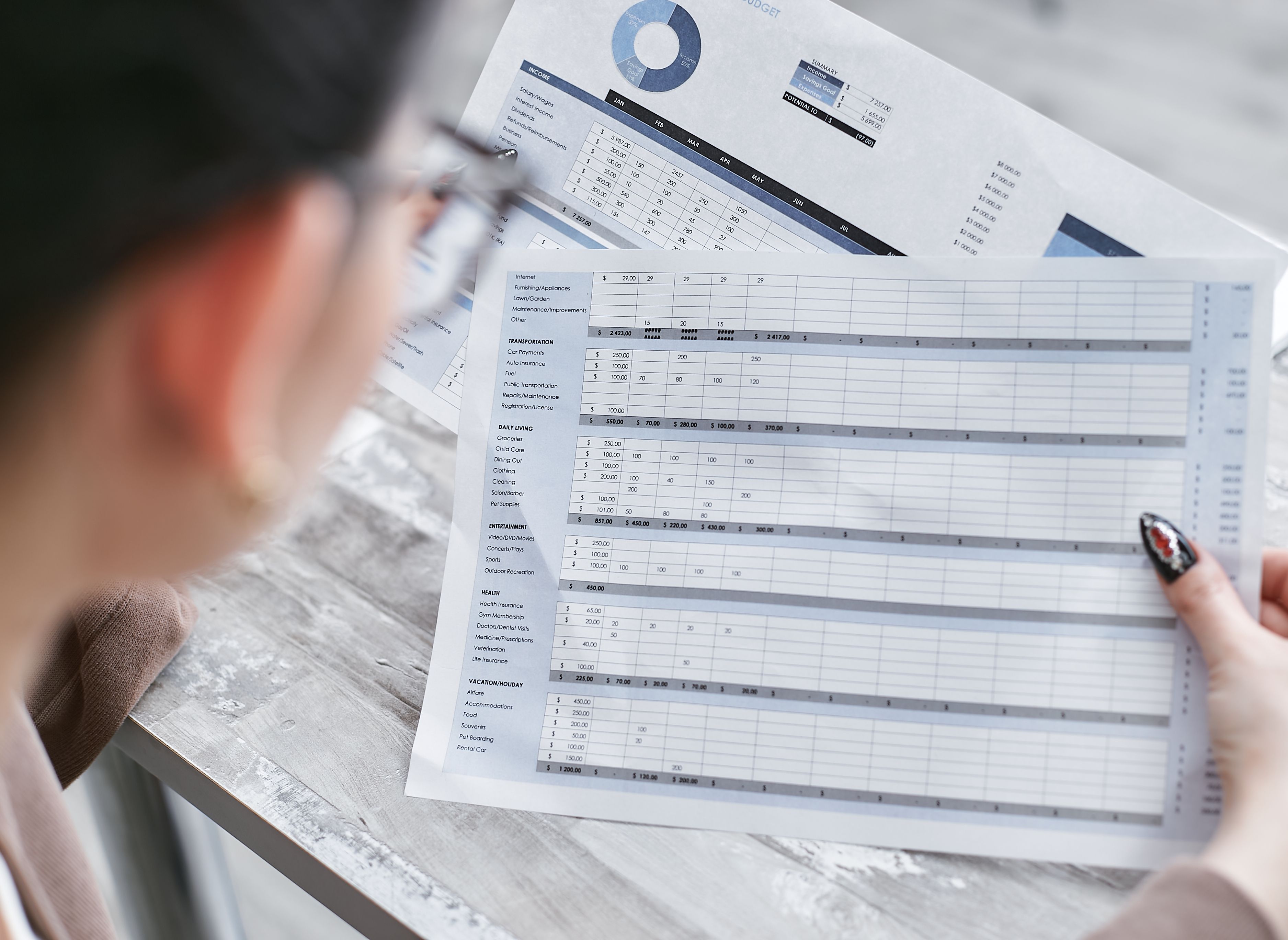 Businesswoman examining spreadsheets and charts as part of a clear financial review.